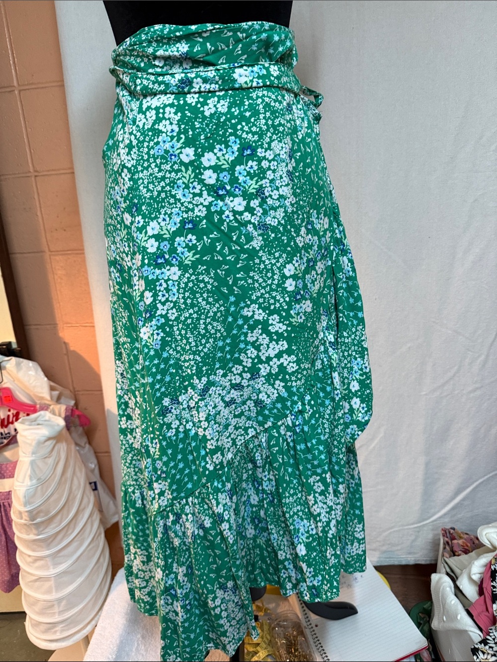 No Boundaries Green Floral Wrap Maxi Skirt with Blue & White Accents